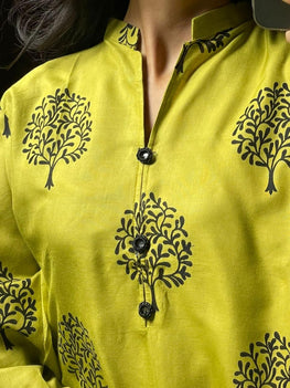 2 Pc Tree Design Beautiful Printed Shirt + Trouser (Banana Yellow)