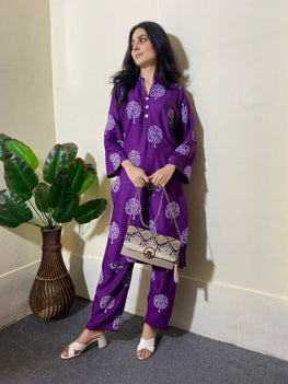 2 Pc Tree Design Beautiful Printed Shirt + Trouser (Purple)