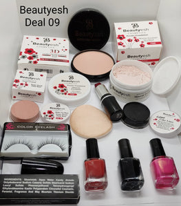 Elegant Beautyesh Deal 9 Face powder , Loose powder , Cake liner , False Eyelash Red lipstick , Makeup base &amp; 3 Surprise Nail Polishes