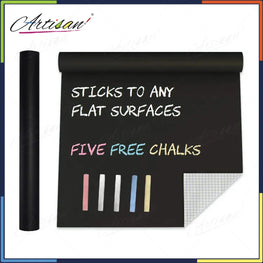 Artisan - Blackboard Chalkboard Vinyl Sticker Washable, Reusable - DIY Black Board Wall Adhesive Vinyl Sticker Roll - with 5pc colorful chalks