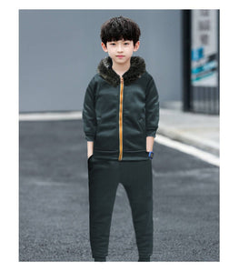 Fur Neck Zipper TRACKSUITE for Boys(Fleece) Colors: Dark green,