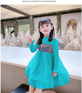 SEQUINS KNITTED CHIFFON BALL GOWN FROCK FLOWER WINTER DRESS STUFF WITH FLEECE Colors: BLUE