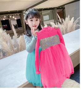 SEQUINS KNITTED CHIFFON BALL GOWN FROCK FLOWER WINTER DRESS STUFF WITH FLEECE Colors: pink