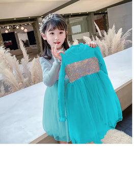 SEQUINS KNITTED CHIFFON BALL GOWN FROCK FLOWER WINTER DRESS STUFF WITH FLEECE Colors: BLUE