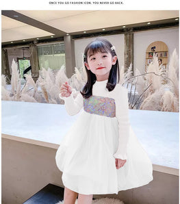 SEQUINS KNITTED CHIFFON BALL GOWN FROCK FLOWER WINTER DRESS STUFF WITH FLEECE Colors: white