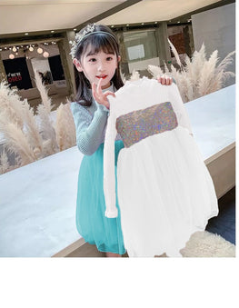 SEQUINS KNITTED CHIFFON BALL GOWN FROCK FLOWER WINTER DRESS STUFF WITH FLEECE Colors: white