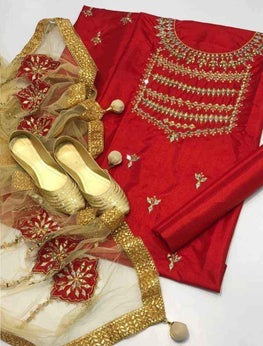 4 piece Unstitched Suit - Red (With Khussa)