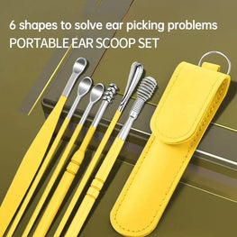 Ear Pick 6 pcs with Storage Bag Dig Ear Wax Remover Cleaner Care Portable Travel Kit Cleaner Spoon.