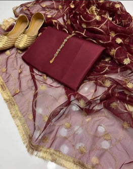 Silk 3pc suit Silk Shirt Sam silk trouser  With dupatta Gifted khussa ( maroon )