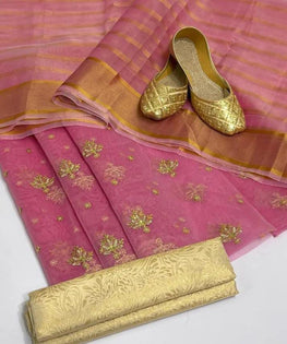 katan silk  3pc suit Embroidered Shirt organza Dupatta masoori  trouser ( pink )