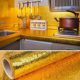 Golden Foil Kitchen Wallpaper Stickers, Peel &amp; Stick Aluminum Foil Wall Paper, Self-Adhesive Oil Proof Waterproof Sticker for Kitchen (Size: 60*200CM)